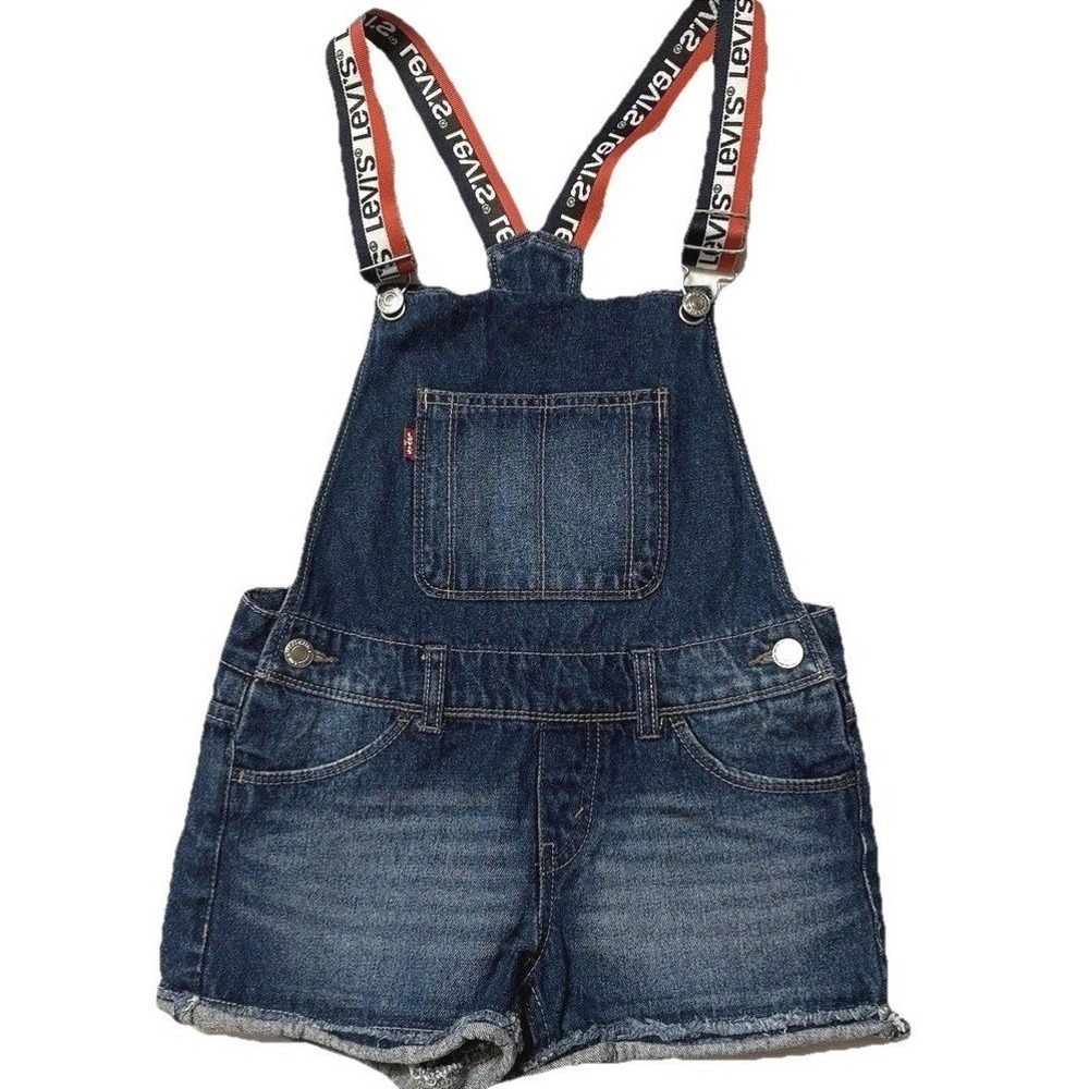 Levi Girls Shortall Short Overalls Size 10 Denim Spellout Logo Straps Patriotic